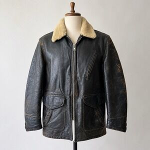 Vintage 50s Schott Perfecto Steerhide Leather Shearling Collar Car Coat Jacket